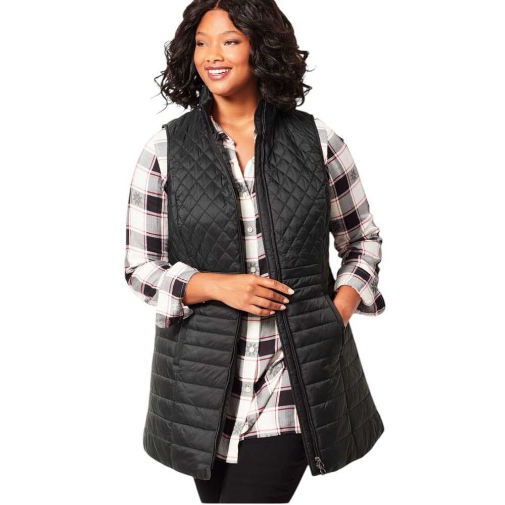 Talbots Long Puffer Vest Jacket 2XL Primaloft Black Pockets Lined Slimming - Picture 1 of 16
